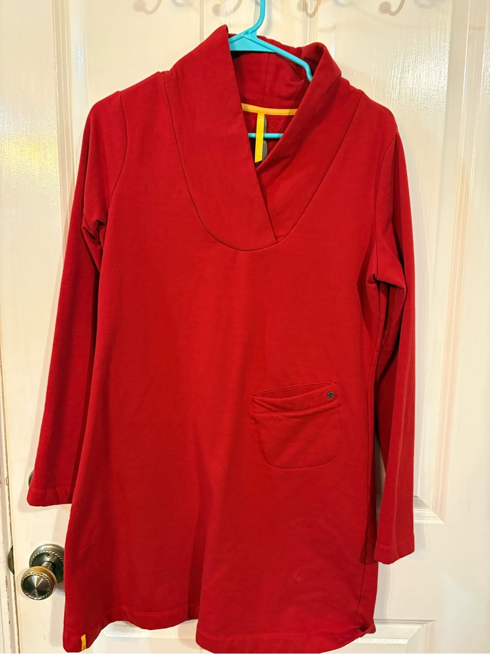 Women’s Red Long-Sleeve Tunic Sweater with Shawl Collar
